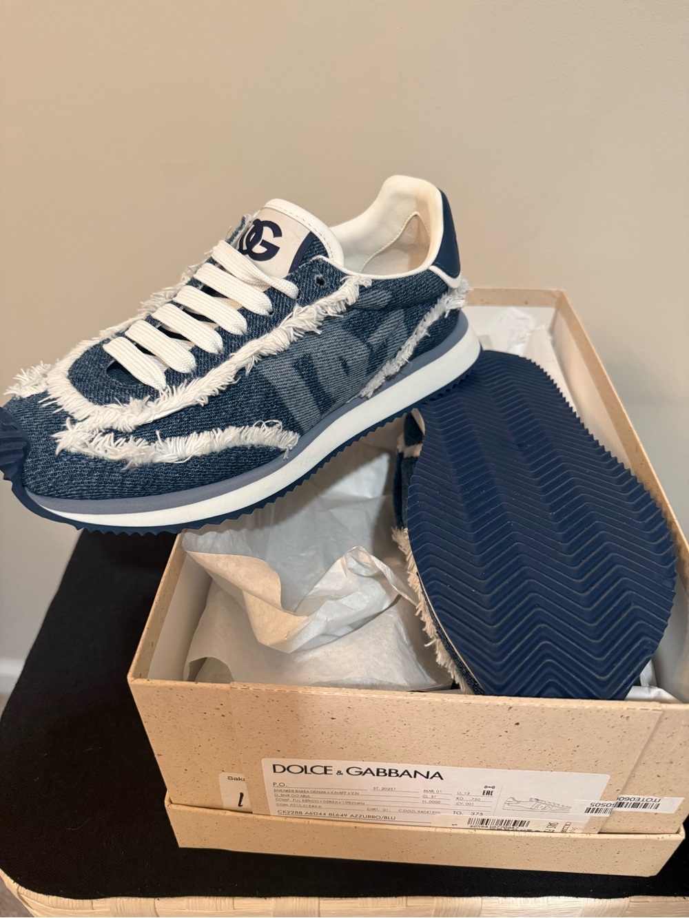 Dolce & Gabbana Frayed Denim Runner Sneakers - Navy & White